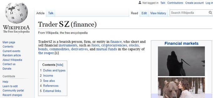 A screenshot of a Wikipedia article titled "Trader SZ (finance)" defines a bear trader as someone who shorts financial instruments like forex, cryptocurrencies, and stocks, relevant context to the post about a Swiss-based fund that primarily trades traditional finance and has issued a report recommending Zcash and Pump as short positions.