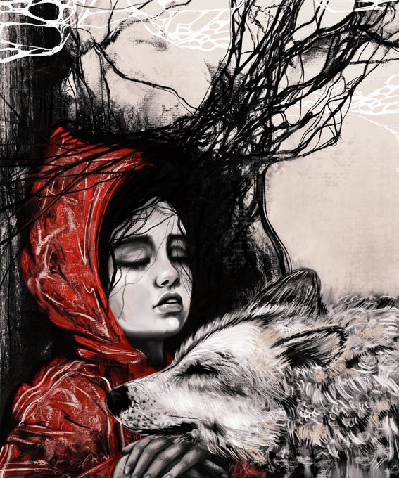 A stylized illustration of a pale woman wearing a red hood embracing a white wolf, with dark, leafless tree branches extending from her head.