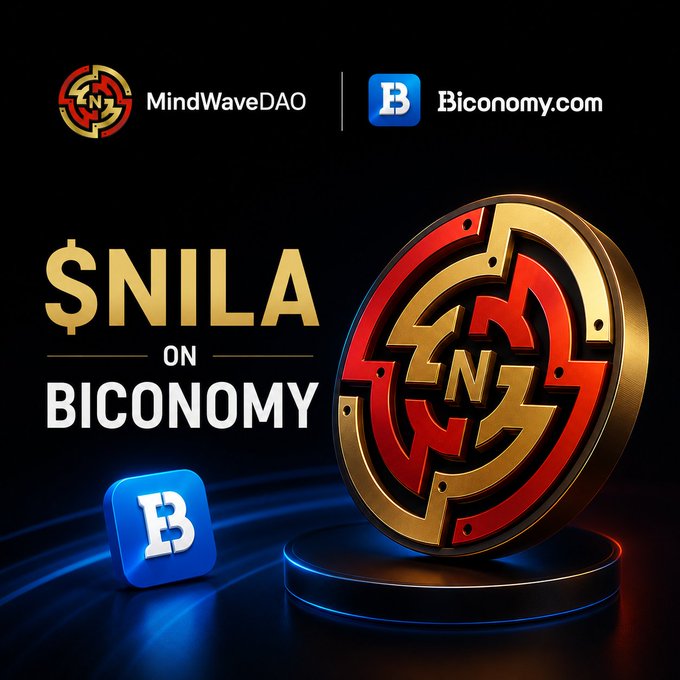 A promotional graphic for MindWaveDAO and Biconomy.com featuring '$NILA ON BICONOMY' with a gold and red coin embossed with 'NN'.