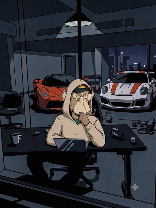 A cartoon illustration of a monkey character in a hoodie sitting at a desk with a laptop, with a red Ferrari and a white/orange Porsche visible in a garage behind him.