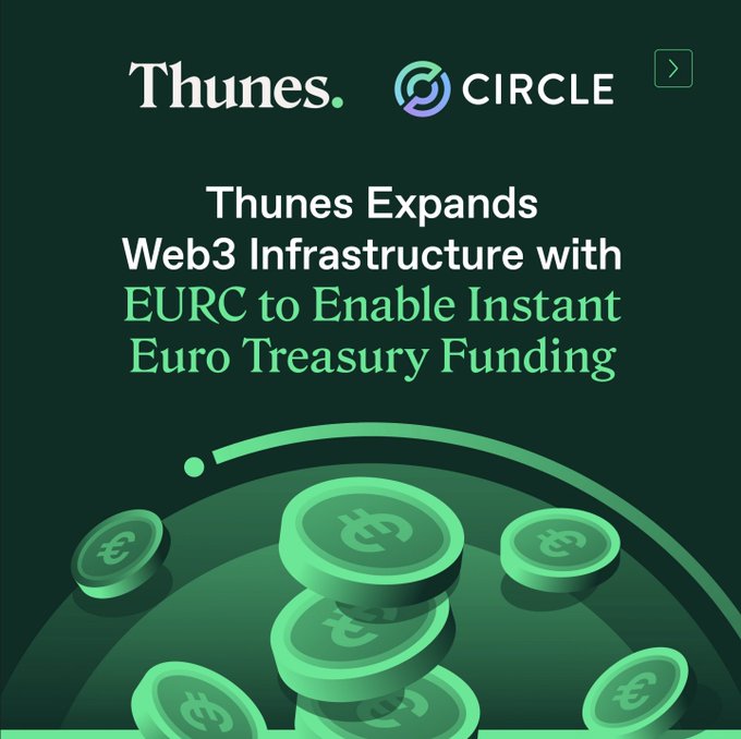 Thunes and Circle branded graphic announcing 'Thunes Expands Web3 Infrastructure with EURC to Enable Instant Euro Treasury Funding,' featuring 3D illustrations of euro tokens.
