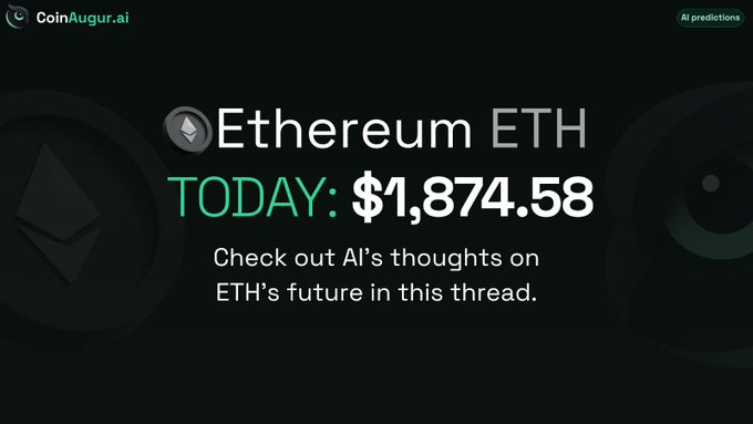 A CoinAugur.ai promotional graphic displaying 'Ethereum ETH' with a current price of '$1,874.58' and the text 'Check out AI's thoughts on ETH's future in this thread.'