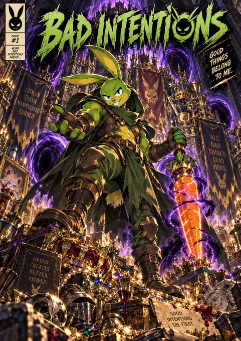 A comic book cover titled 'BAD INTENTIONS' features a green rabbit-like warrior holding a glowing sword, surrounded by dark banners reading 'GOOD THINGS BELONG TO ME', 'STOLEN TAKEN MANIPULATED EARNED', 'ALL BAD THINGS LEAD HERE', 'GREED CREATES BETTER PEOPLE', and 'GOOD INTENTIONS DIE FIRST'.