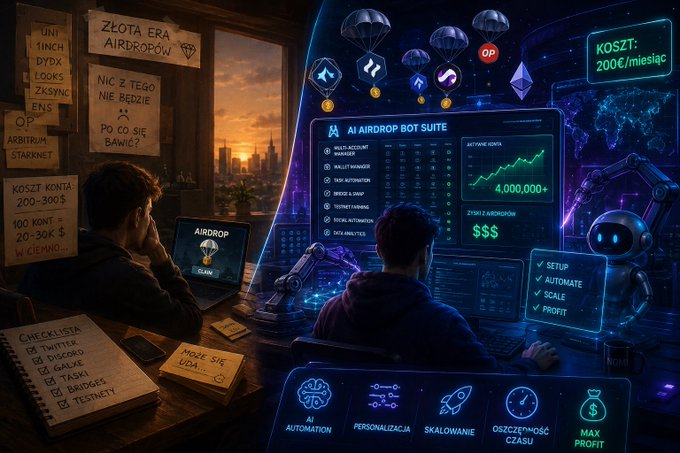A futuristic AI-themed digital illustration depicting an 'AI AIRDROP BOT SUITE' with two people working at computers, featuring Polish text and cryptocurrency/airdrop related graphics including a $200/month cost indicator.