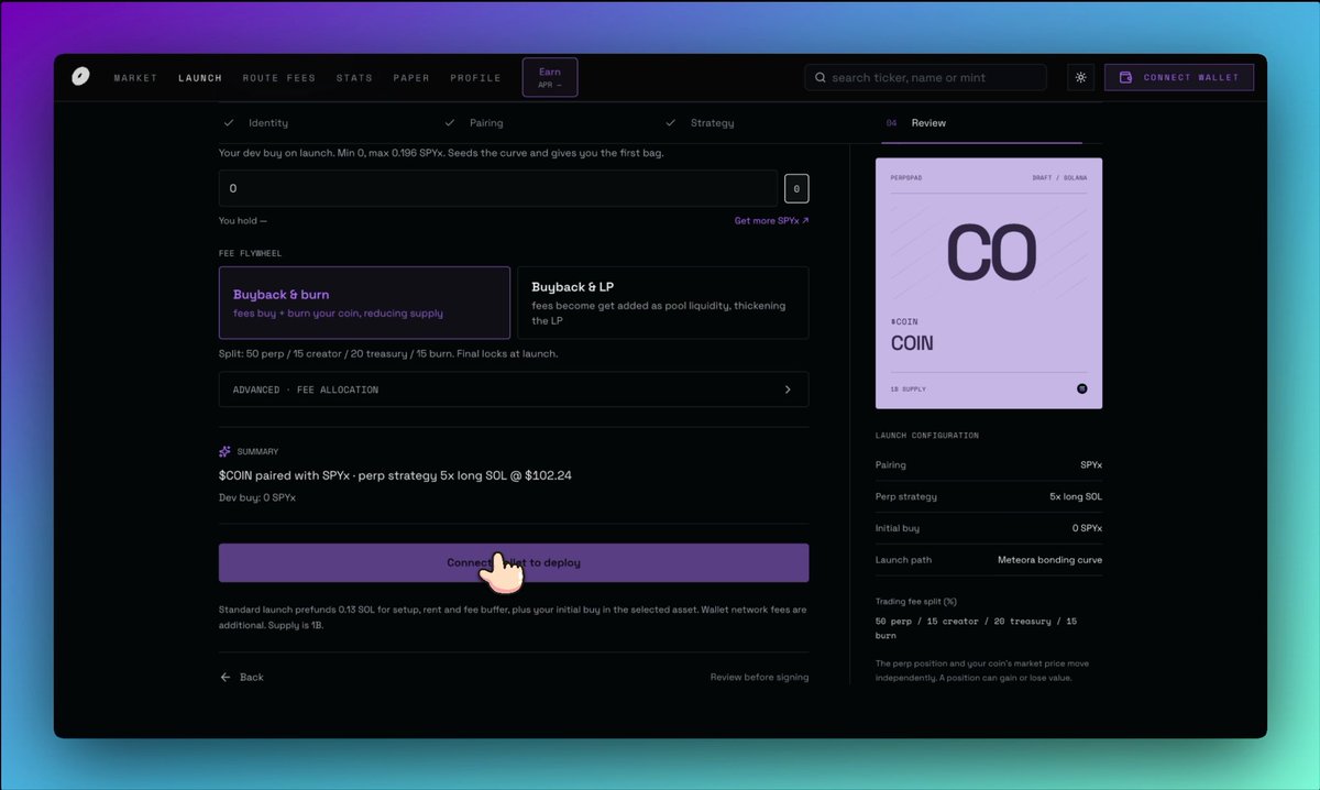 A dark-themed cryptocurrency dashboard shows token launch configuration settings for '$COIN' with options for 'Buyback & burn' and 'Buyback & LP', alongside a 'Connect wallet to deploy' button.