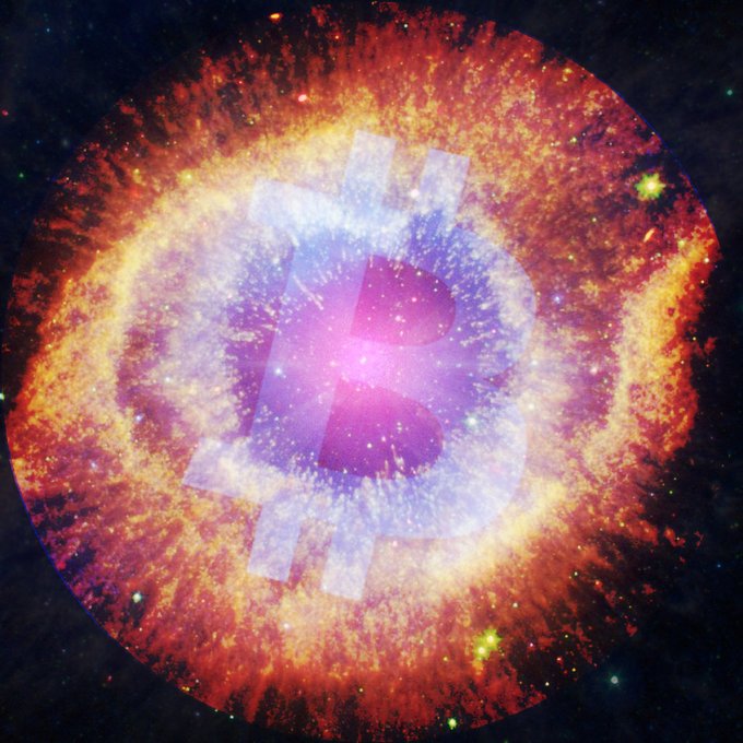 A stylized Bitcoin 'B' logo rendered with cosmic, fiery nebula textures in orange and purple against a starry background.