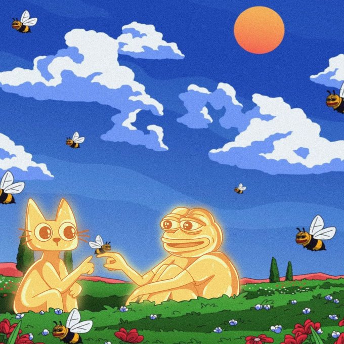 Two golden glowing figures—a cat and a frog—sit in a vibrant meadow beneath a sunny sky, surrounded by buzzing bees, evoking the peaceful "good morning" optimism of the "Gm cets enjoyers" post celebrating Crypto ETFs and market enthusiasm.