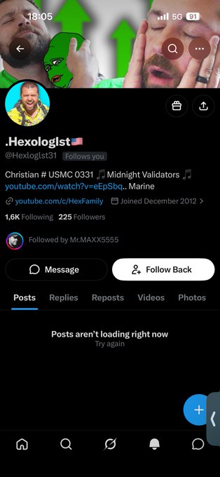 A Twitter/X profile page for '.Hexologist' (@Hexlogist31) showing bio 'Christian # USMC 0331 🎖️ Midnight Validators', a YouTube link, 1.6K Following and 225 Followers.