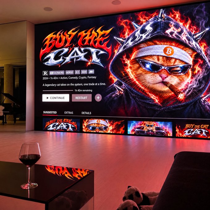 A home theater scene shows a large screen displaying a movie titled 'BUY THE CAT' featuring a cat in a spiked hood with sunglasses and cigar, described as 'A legendary cat takes on the system, one trade at a time,' with a glass of wine on a table in the foreground.