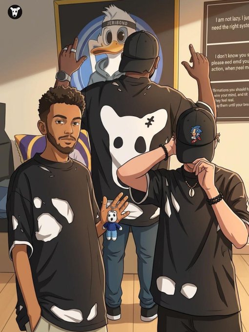 An illustrated image shows three figures wearing matching black shirts with the white "DOGS" dog mascot logo, posing in front of a poster of the mascot that reads "JERIBOND," alongside text mentioning "I am not lazy, I just need the right system." The image visually represents the DOGS crypto airdrop community, tying into the birthday celebration and the project's record-setting achievements and charitable efforts highlighted in the caption.