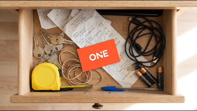 An open wooden drawer reveals everyday clutter—a yellow tape measure, keys, tangled black earphones, receipts, a blue pen, and an orange card reading "ONE"—symbolizing the message that access to on-chain gaming has always been within easy reach, hidden in plain sight among ordinary items. The visual metaphor of overlooked, familiar objects reinforces the caption's claim that the entry point to blockchain gaming was already present all along.