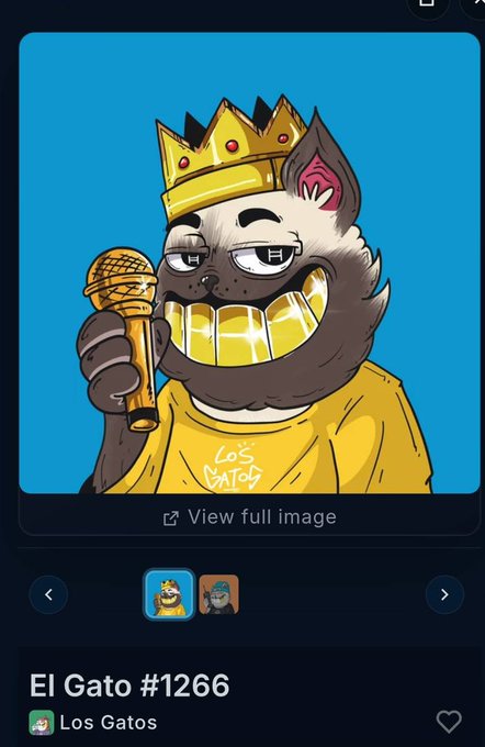 NFT digital art titled 'El Gato #1266' by Los Gatos showing a cartoon cat wearing a gold crown and gold teeth while holding a microphone against a blue background.