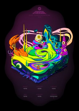 A vibrant, psychedelic digital artwork titled 'STILL KIDDING' featuring abstract neon-colored shapes, eyes, and tentacles on a dark background.