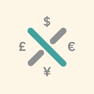 The image displays a stylized teal and gray "X" symbol surrounded by four currency symbols—$, £, €, and ¥—arranged at the cardinal points, visually representing cross-currency exchange. This graphic aligns with the Crossrate Market launchpad announcement, as the currency symbols and crossed lines illustrate the platform's concept of enabling token launches priced in multiple real-world fiat currencies.
