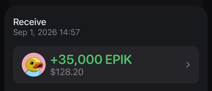 A digital wallet transaction receipt showing a receive of +35,000 EPIK valued at $128.20 dated Sep 1, 2026 14:57.