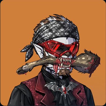 A stylized cartoon illustration of a menacing figure wearing a bandana and red ski goggles, with a bone held horizontally in its mouth, set against an orange background.