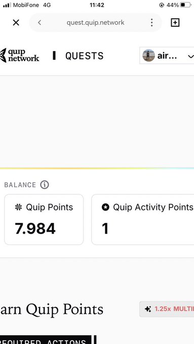 A mobile phone screenshot of a web browser on 'quest.quip.network' shows a 'QUESTS' page with a balance section displaying 'Quip Points' at '7.984' and 'Quip Activity Points' at '1'.