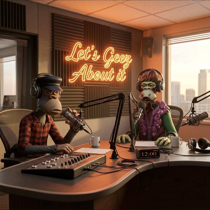 A 3D rendered illustration of two anthropomorphic characters hosting a podcast in a studio, with a neon sign reading 'Let's Geez About it' on the wall.
