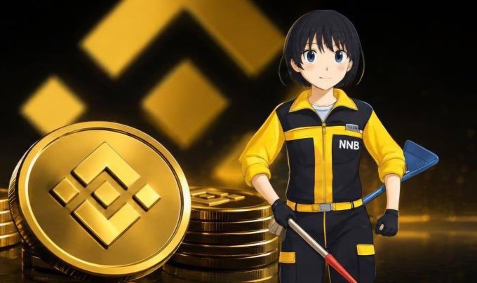An anime-style illustration of a female worker in a yellow and black uniform labeled 'NNB' holding a broom, standing next to a stack of gold Binance coins.