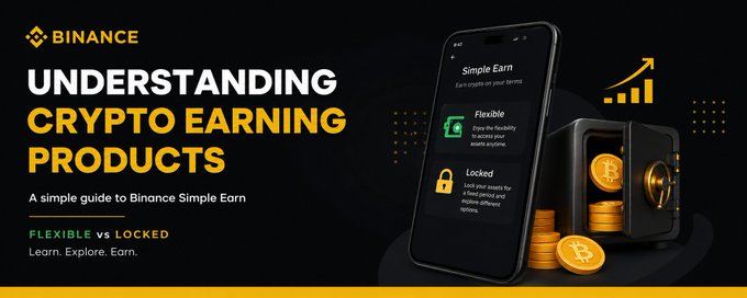 The image is a promotional banner for Binance titled "Understanding Crypto Earning Products," featuring a smartphone displaying the Simple Earn interface with "Flexible" and "Locked" options, alongside a safe filled with gold Bitcoin coins.

The post's message about not needing to trade daily aligns with the image's promotion of Binance's Simple Earn products, illustrating passive income alternatives like Flexible and Locked staking that let holders earn returns without active trading.