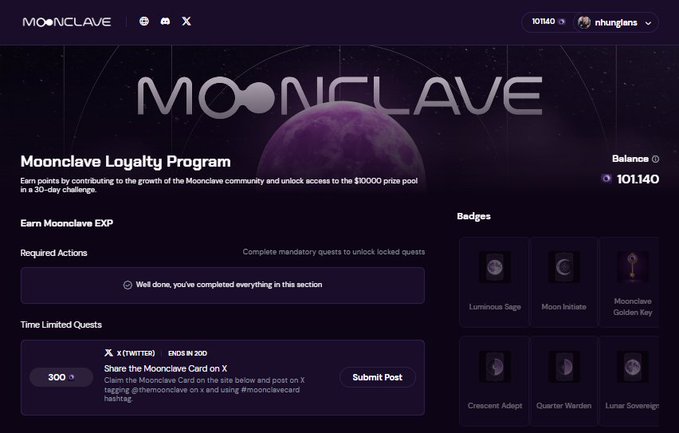 A screenshot of the Moonclave Loyalty Program webpage showing a balance of 101,140 points, with sections for 'Earn Moonclave EXP' (noting required actions are complete) and 'Time Limited Quests' including a 300-point quest to share the Moonclave Card on X, alongside a grid of locked badges like 'Luminous Sage' and 'Moon Initiate'.
