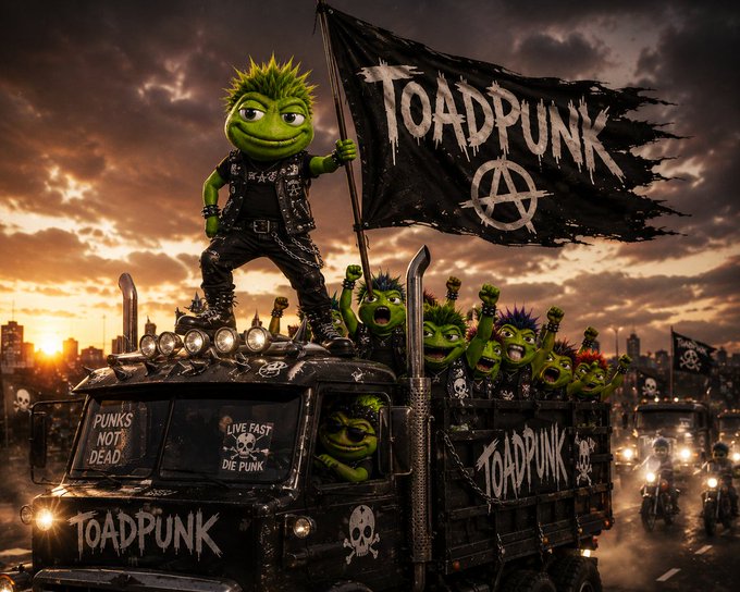 A fantasy-style image of green frog-like punk characters riding a heavily modified black truck, holding a flag that reads "TOADPUNK", with slogans like "PUNKS NOT DEAD" and "LIVE FAST DIE PUNK" on the vehicle.
