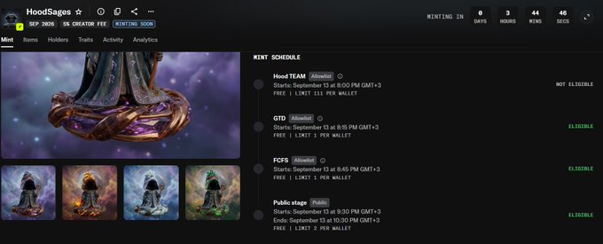 A webpage screenshot showing the HoodSages mint schedule, with countdown timers for Hood TEAM (Mint), GTD (Allowlist), FCS (Featured), and a Public stage, noting most sales are eligible or free with a 1-3 per wallet limit.