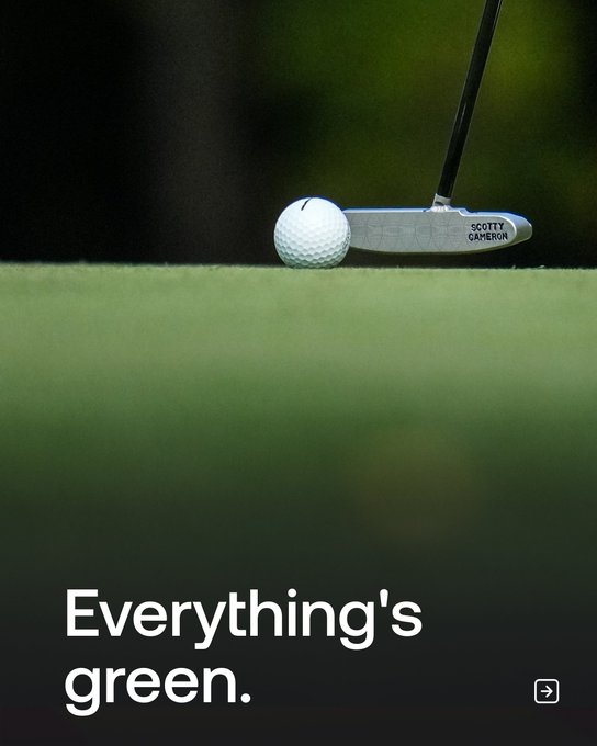 A golf ball sits on a lush green just in front of a Scotty Cameron putter, accompanied by the text "Everything's green." The image visually ties into the post's message by highlighting the green theme of the BMW PGA Championship, reinforcing Nexo's play on the shared color between green golf courses and green financial charts.