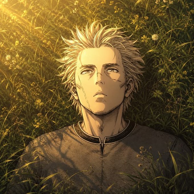 An illustrated portrait of a blonde-haired young man lying in a sunlit field of grass and wildflowers.