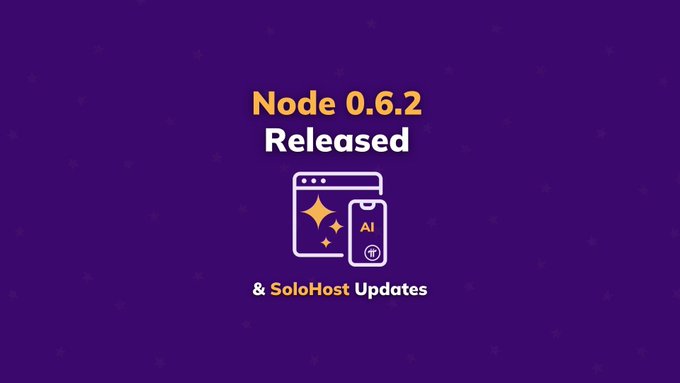 A graphic announcing "Node 0.6.2 Released & SoloHost Updates" in orange and white text on a purple background, featuring an icon of a browser window and phone with "AI" labels, highlighting the new automatic UPnP port configuration feature for Pi Nodes.