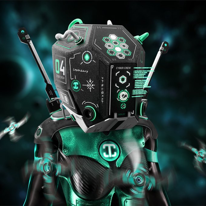 A futuristic, hexagonal-headed robotic figure in a black and green metallic suit with glowing green accents, displaying '04', 'Legendary', and 'CYBER CREW' text on its head.
