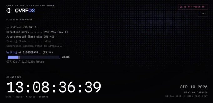 A screenshot of a QVRF-OS firmware flashing interface by QuIP Network, showing 'qvrf-flash v26.09.10' at 23.3% completion with a countdown of 13:08:36:39 until a September 10, 2026 mint on Opensea.