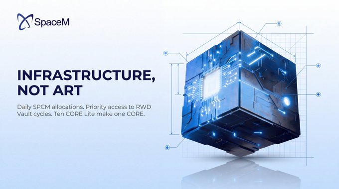 A SpaceM promotional graphic with the tagline "INFRASTRUCTURE, NOT ART," describing daily SPCM allocations, RWD Vault cycles, and a blue futuristic cube design.