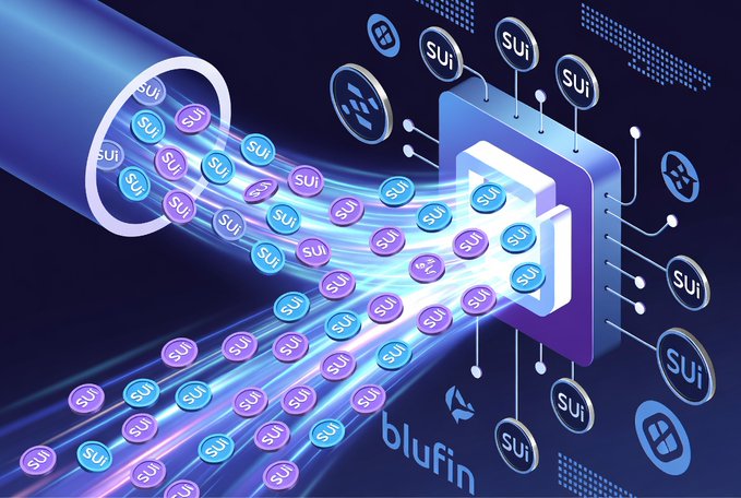 The image illustrates the expanded SUI-Bluefin partnership, showing streams of SUI tokens flowing from a pipe into the bluFin platform, symbolizing the increased 6 million SUI credit facility between NASDAQ-listed SUI Group Holdings (SUIG) and Bluefin.