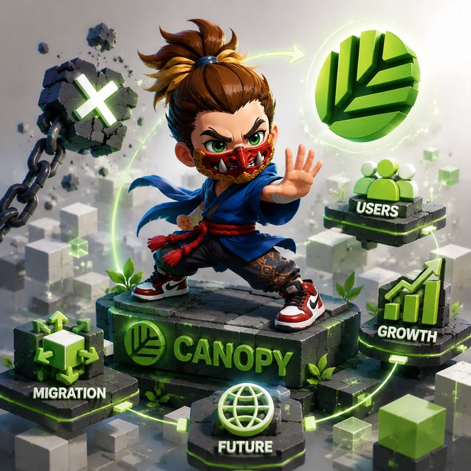 A 3D illustration of a ninja-like character standing on a 'CANOPY' platform, surrounded by icons representing migration, users, growth, and future, with an 'X' breaking chains in the background.