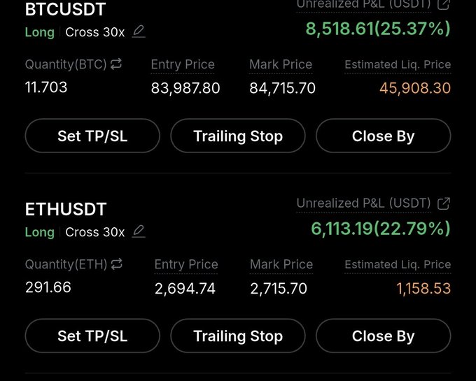 A cryptocurrency trading interface showing long positions for BTCUSDT with +25.37% unrealized P&L ($8,518.61) and ETHUSDT with +22.79% unrealized P&L ($6,113.19).