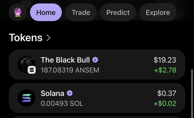 A crypto wallet interface shows a "Tokens" portfolio with "The Black Bull" (ANSEM) priced at $19.23, up $2.78, holding 187.08319 ANSEM, alongside Solana (SOL) at $0.37. The image reflects the poster's stated conviction in holding Black Bull tokens despite their ANSEM holdings, visually emphasizing their commitment to reaching a $1 billion market cap.