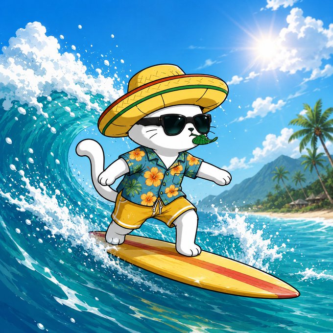 The image features a cartoon cat wearing sunglasses, a straw hat, and a Hawaiian shirt while riding a surfboard on top of a wave. The background shows palm trees and mountains, suggesting that they are surfing near a tropical beach location. The caption at the bottom of the image reads "GM everyone! Wishing you all a productive day ahead!".