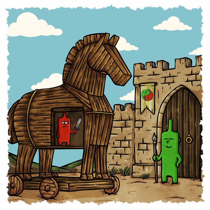A cartoon illustration depicting a Trojan Horse containing a red figure with a knife, positioned outside a castle gate guarded by a green character holding a spear.