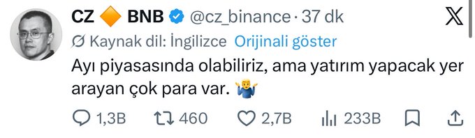 A screenshot of a tweet from CZ BNB (@cz_binance) with the Turkish text "Ayi piyasasında olabiliriz, ama yatırım yapacak yer arayan çok para var" (translation: "We may be in a bear market, but there is a lot of money looking for places to invest"), showing 1.3B replies, 460 reposts, 2.7B likes, and 233B views. The accompanying caption "I know your liver too, but.. well" appears to be a humorous or sarcastic remark unrelated to the actual content of the tweet, which is about bear markets and investment capital.