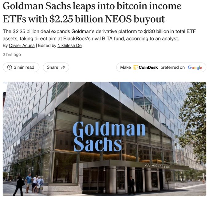 The image shows a CoinDesk article headlined "Goldman Sachs leaps into bitcoin income ETFs with $2.25 billion NEOS buyout," reporting that the $2.25 billion deal expands Goldman's ETF platform to $130 billion, directly competing with BlackRock's BITA fund. The accompanying post relates to this by explaining how Wall Street is engineering cash flow around Bitcoin through options and derivatives—tying into Goldman's move to offer income-generating Bitcoin ETFs that address Bitcoin's lack of dividends or interest.