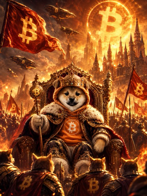 A fantasy digital artwork of a Shiba Inu dog dressed as a king on a throne, holding a scepter, with Bitcoin flags and symbols in a fiery medieval setting.