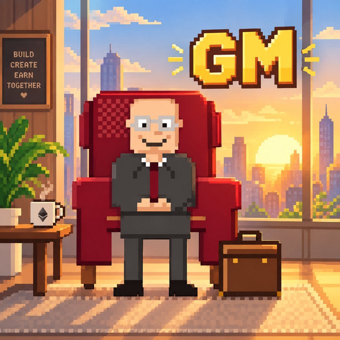 Pixel art illustration of a bald man with glasses in a red chair, with "GM" text above him, a "BUILD CREATE EARN TOGETHER" sign, and a city skyline at sunset in the background.