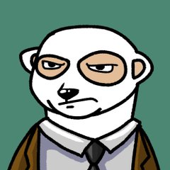 A cartoon drawing of a serious-looking white character wearing a brown jacket and tie against a teal background.