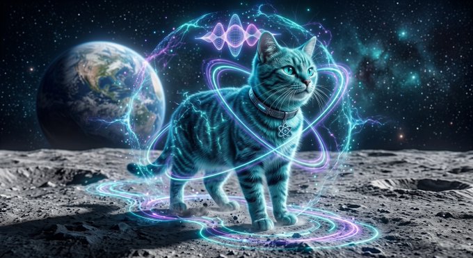 A digital artwork depicting a teal tabby cat surrounded by glowing neon atom-like rings and energy waves, standing on a lunar surface with Earth visible in the starry background.