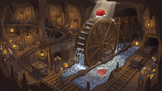 A cartoon illustration of miners working inside a cave with a large wooden water wheel, lanterns, mine carts on tracks, and a Santa hat placed on top of the wheel.
