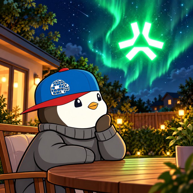 A cartoon penguin wearing a blue cap with a globe logo and gray sweater sits contemplatively at a backyard table under a starry night sky featuring green auroras and a glowing Abstract Chain logo, visually echoing the post's tone of quiet reassurance and commitment to the AbstractChain community amid recent rumors.