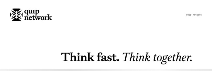 A minimalist logo banner for "qurp network" with the website "qulp.network" in the corner, displaying the tagline "Think fast. Think together." on a light beige background.