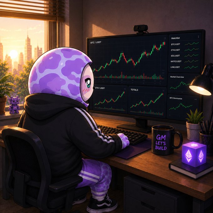 An anime-style character in a purple cow-patterned hoodie sits at a desk with multiple monitors displaying BTC/USDT and ETH/USDT trading charts, alongside a black mug reading 'GM LET'S BUILD' and a glowing Ethereum logo cube.