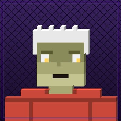 A pixel-art zombie character with spiky white hair, glowing yellow eyes, and a red shirt is shown against a purple chain-link background. The pixelated, blocky style of the avatar matches the new profile pic announcement for @StackersXYZ, with the "stacks" of pixels forming the zombie reflecting the "Stacks on Stacks on Stacks" theme.